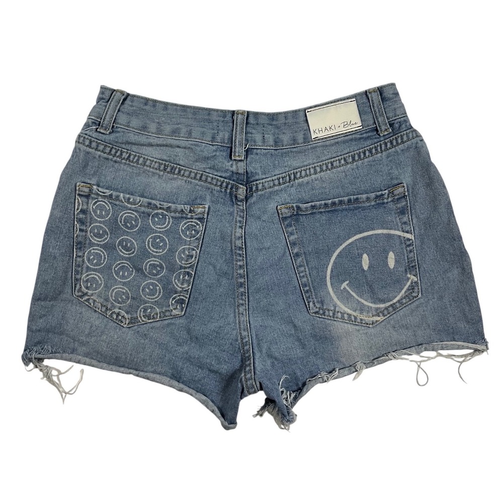 Khaki + Blue Smiley Face‎ High Waisted Denim Cutoff Shorts Light Wash Blue 9/29